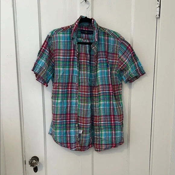 Ralph Lauren Red and Green Casual Button Down Shirt Vintage Linen - Picture 1 of 1